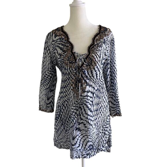 Soft Surroundings Shirt SZM Graphic Print Tunic Beaded V-neck Tie Front - Picture 1 of 10